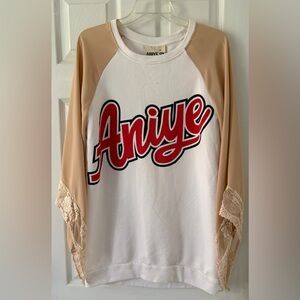 White and Tan Sweatshirt with Lace Sleeves